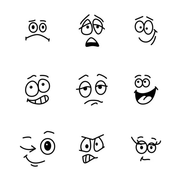 Personajes de mascotas caras divertidas. Sonrisa cómica para logo vectorEmociones caras, juego de caracteres de emoticono.Caricaturas sonrientes — Archivo Imágenes Vectoriales