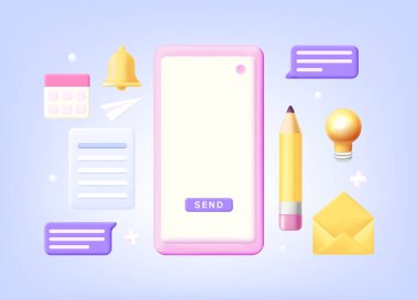 Sosyal pazarlama ikonları 3 boyutlu vektör. Çevrimiçi iletişim yazışmaları, reklam tanıtımı