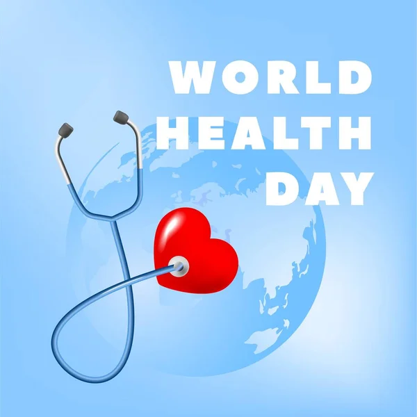 Světový den zdraví. Stetoskop a srdce na pozadí zeměkoule. 3D web vektor design — Stockový vektor