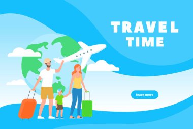 Family characters with luggage. Parents with child and luggage. Web page design