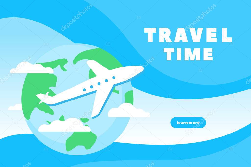 Concept web page design time to travel. Planet plane and clouds. Vector illustration