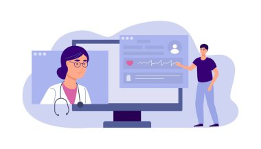 Çevrimiçi doktor danışmanlığı. Doktor testleri çözecek. Hastaya internetten tedavi randevusu. Ağ için kavram. Vektör illüstrasyonu