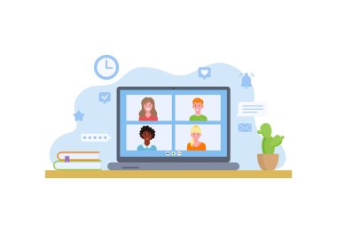 Laptop ekranı çevrimiçi görüntülü sohbet. Video konferansı, çevrimiçi eğitim, video toplantı programı. Sohbet katılımcıları olan pencereler. Vektör illüstrasyonu