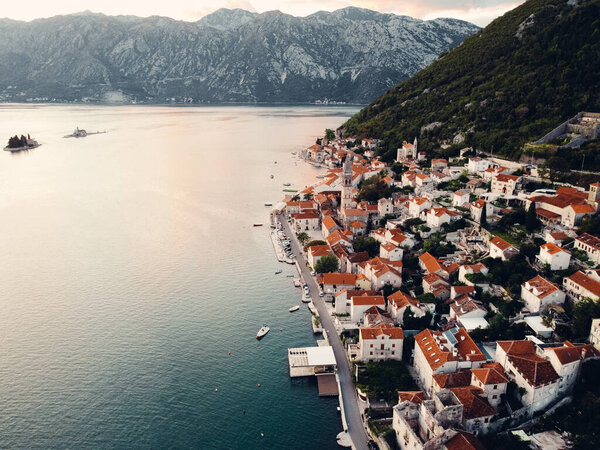 Cinematic old town Perast, Montenegro. Drone photography