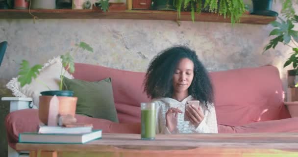 Salonunda Yeşil Smoothie Içerken Sosyal Medyada Gezinen Bir Kız — Stok video