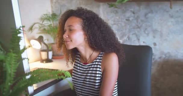 Shot Attractive Young African Woman Sitting Alone Celebrating Success While — Stock videók