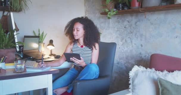 Shot Attractive Young Woman Sitting Alone Using Her Tablet While — Stock videók