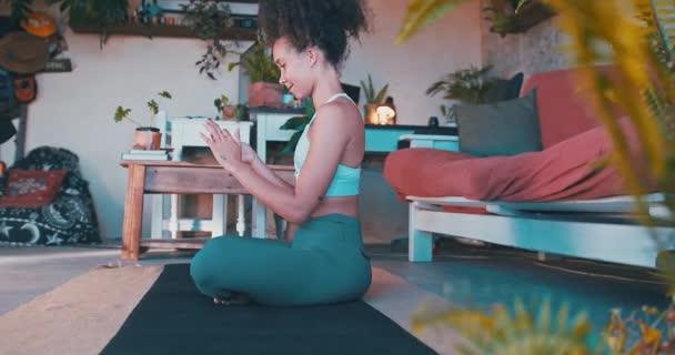 Shot Beautiful African Woman Looking Workout Her Living Room High — Stock Video
