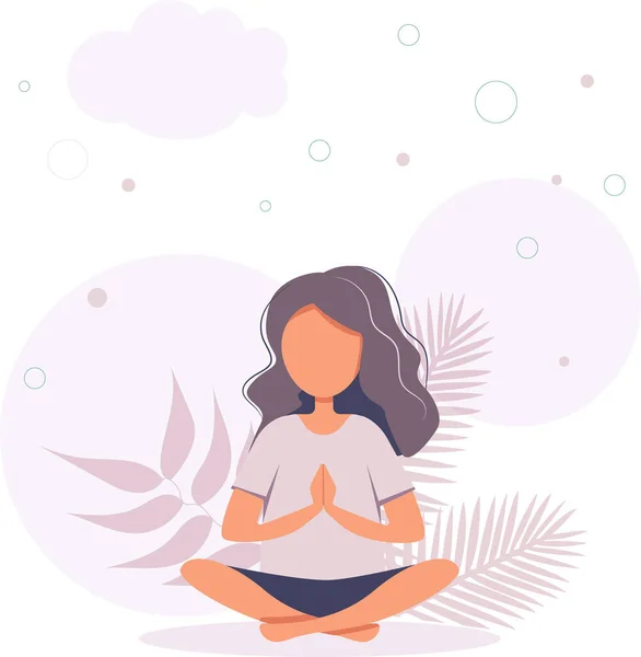 Girl Meditating Healthy Lifestyle Yoga Meditation Relax Recreation Vector Illustration — Stock Vector