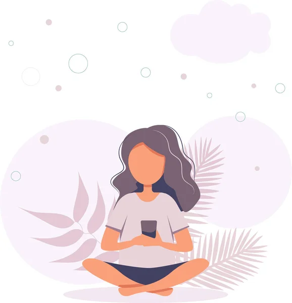 Mulher Com Smartphone Ilustração Estilo Desenho Animado Plano Relaxamento Relaxamento —  Vetores de Stock