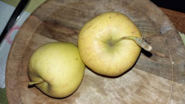 Ahşap servis tabağında elmalar. Organik meyve. Hasattan sonra çiğ elma. Meyveler vitamin ve minerallerle doludur. Doğal bir diş fırçası gibi. Tatlı ve ekşi olabilirler. Vejetaryen yemeği. Vejetaryen yemeği.