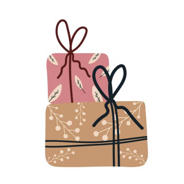 Hediye kutusu vektör illüstrasyon elemanı. Dekoratif karton kutular. Düz elle çizilmiş vektör çizimi. Beyaz arkaplanda izole.