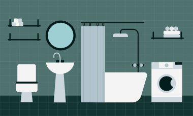 Banyo minimalist iç mekan. Düz çizgi film vektör çizimi. Tuvalet, banyo, lavabo, çamaşır makinesi.