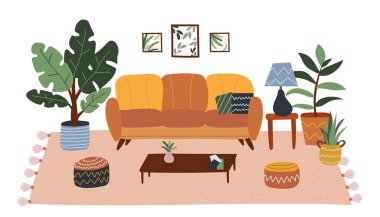 Interior in scandinavian hygge style. Comfy sofa and home decorations set. Cozy living room or apartments with plant,carpet, home elements. Flat vector illustration