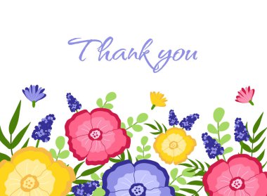 Zarif vektör çiçekli davetiye şablonu kartında mesaj var. Teşekkürler. Beyaz arka planda yaprakları olan bahçe çiçekleri