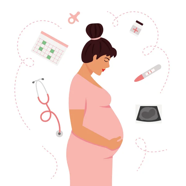 Pregnant woman in pink dress with positive test, doctor visit planner, jar of vitamins isolated on white background. Mother waiting for child concept. Flat style vector illustration — Stock Vector