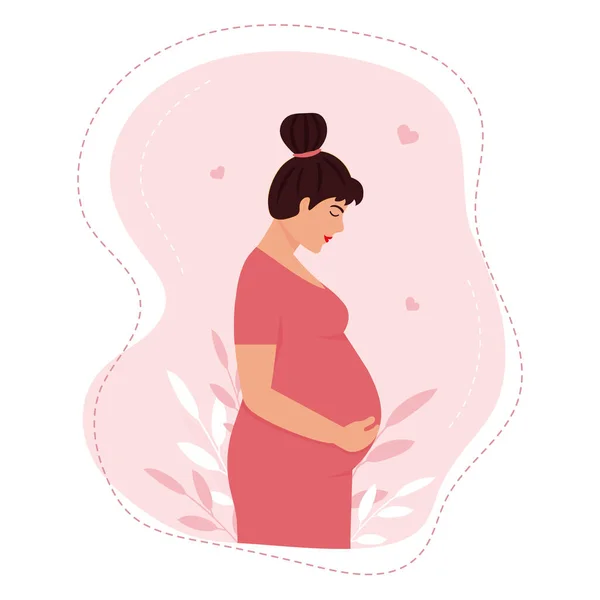 Pembe elbiseli, yapraklı hamile bir kadın. Anne çocuk konseptini bekliyor. Düz biçim vektör illüstrasyonu