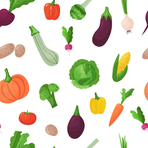 Gıda vektörü kusursuz desen. Beyaz arka planda izole edilmiş sebzelerin düz çizimi. Duvar kağıdı, baskı, tekstil, kumaş, ambalaj için arkaplan. 