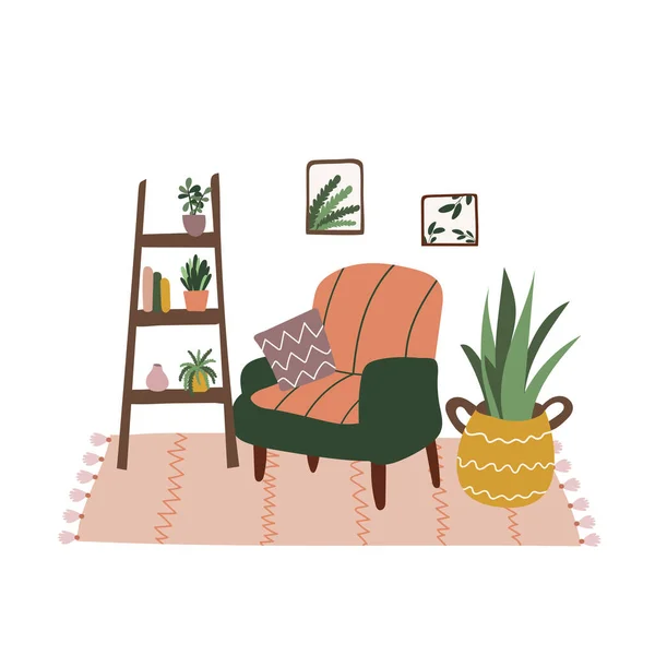 İçi İskandinav kızlık zarı tarzında. Rahat sandalye ve dekorasyon seti. Konforlu oturma odası ya da içinde bitki, halı, raf ve ev eşyaları olan daireler. Düz vektör illüstrasyonu