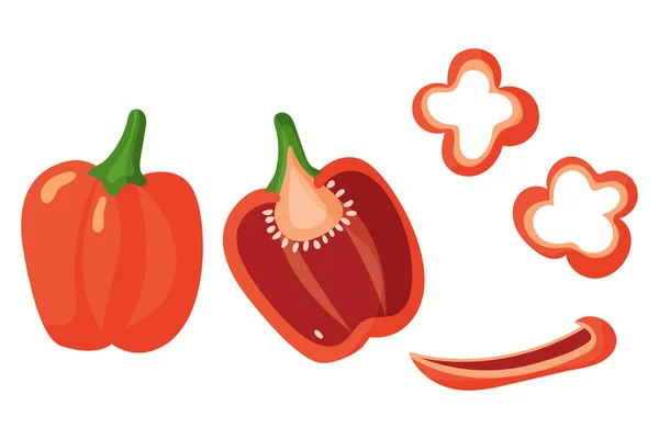 Vector set of fresh bell pepper in flat style. Cut pepper, slice isolated on white background. Illustration of healthy vegetable food, organic ripe fresh natural — Vetor de Stock