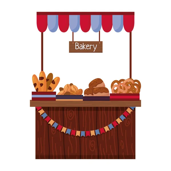 Outdoors market stall counter tent for sale bakery products isolated on white background. Flat vector illustration — Stock Vector