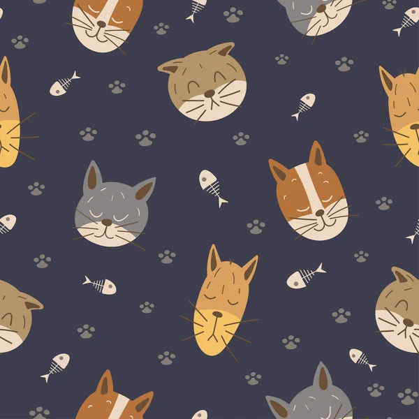 Kedi gibi komik, kusursuz bir desen. Koyu gri arka planda kediler ve balık iskeletleri. İskandinav arka plan hayvanı. Duvar kağıdı, baskı, tekstil, kumaş, ambalaj. Vektör illüstrasyonu