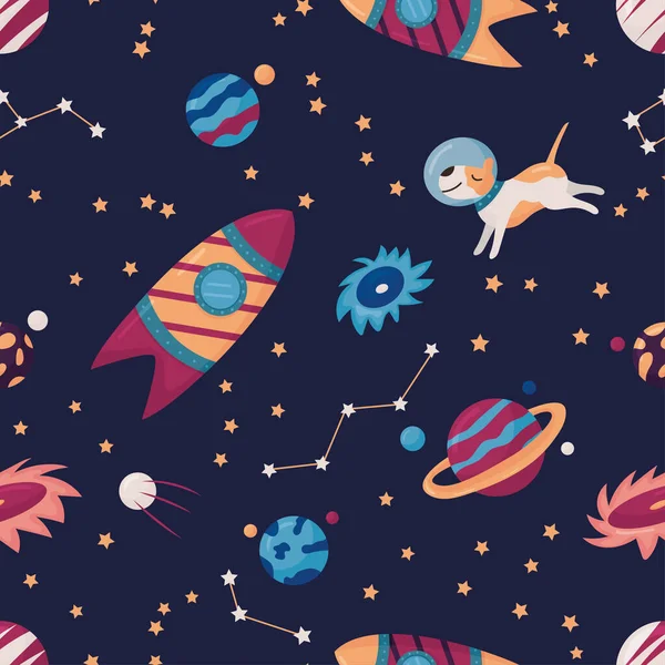 Seamless vector childish space pattern. Rocket, planets, dog and stars on dark background. Kids design, backdrop for wallpaper, print, textile, fabric, wrapping — ストックベクタ