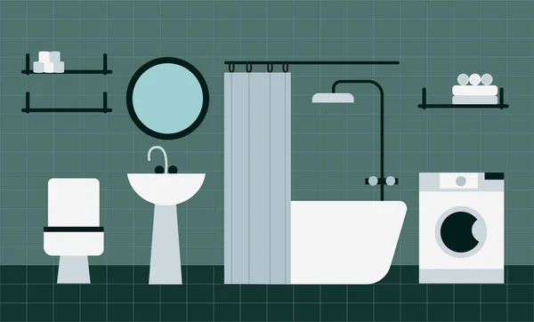Banyo minimalist iç mekan. Düz çizgi film vektör çizimi. Tuvalet, banyo, lavabo, çamaşır makinesi.