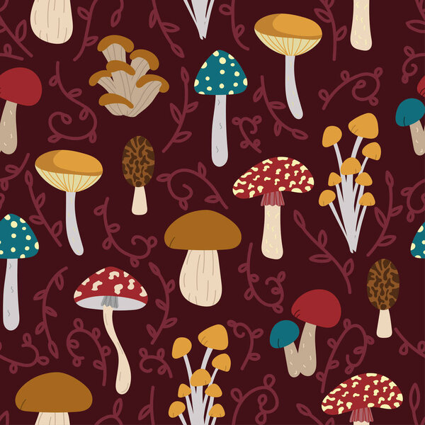 Seamless pattern design. Autumn backdrop for wallpaper, print, textile, fabric, wrapping. Mushrooms isolated on red background