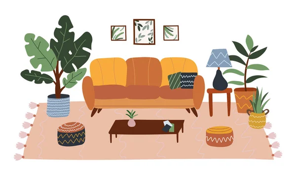 İçi İskandinav kızlık zarı tarzında. Rahat kanepe ve dekorasyon seti. Konforlu oturma odası ya da içinde bitki, halı ve ev eşyaları olan daireler. Düz vektör illüstrasyonu