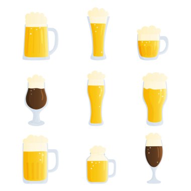 Collection of beer glasses in flat style isolated on white background. Foam mugs. Bar elements. Vector illustration