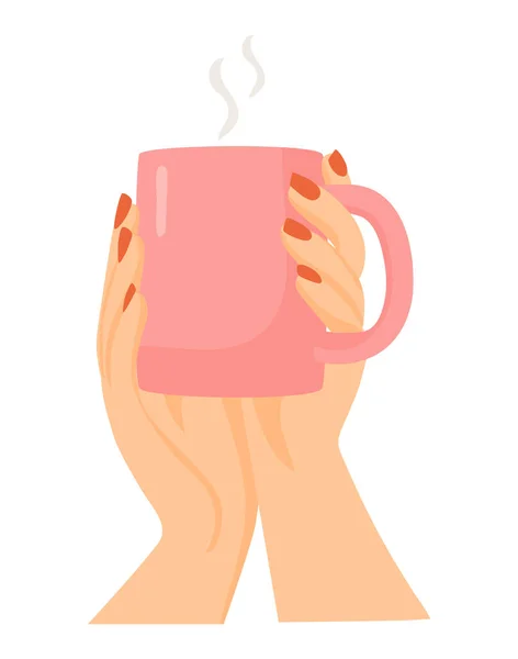 Manos de mujer con taza de café caliente. Brazos femeninos aislados sobre fondo blanco. Concepto de rutina matutina. Ilustración plana del vector — Archivo Imágenes Vectoriales