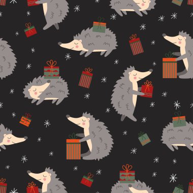 Kirpilerin, hediye kutularının ve kış elementlerinin olduğu kusursuz bir Noel ve yeni yıl düzeni. Duvar kağıdı, baskı, tekstil, kumaş, ambalaj. Vektör illüstrasyonu