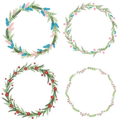 Yaprak ve çiçeklerle bahar çelengi koleksiyonu. Klasik stil unsurları olan tebrik kartı daire şablonu Doodle Illustration. Düz vektör illüstrasyonu