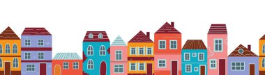 Kusursuz sınır kentsel evleri beyaz arka planda ağaçlarla izole edilmiş. Minimalist kasaba, yerleşim yeri, manzara vektör illüstrasyonları. Duvar kağıdı, tekstil, kumaş, ambalaj
