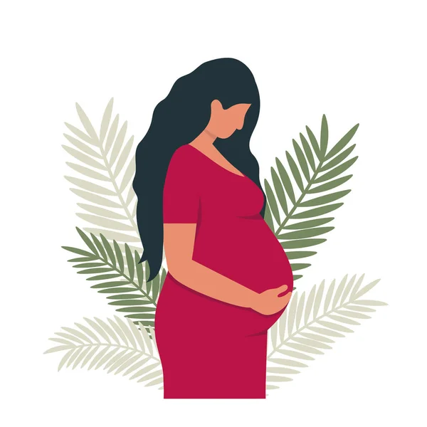 Donna incinta in abito rosso con decorazione foglie tropicali. Madre in attesa del concetto di bambino. Illustrazione vettoriale in stile piatto — Vettoriale Stock