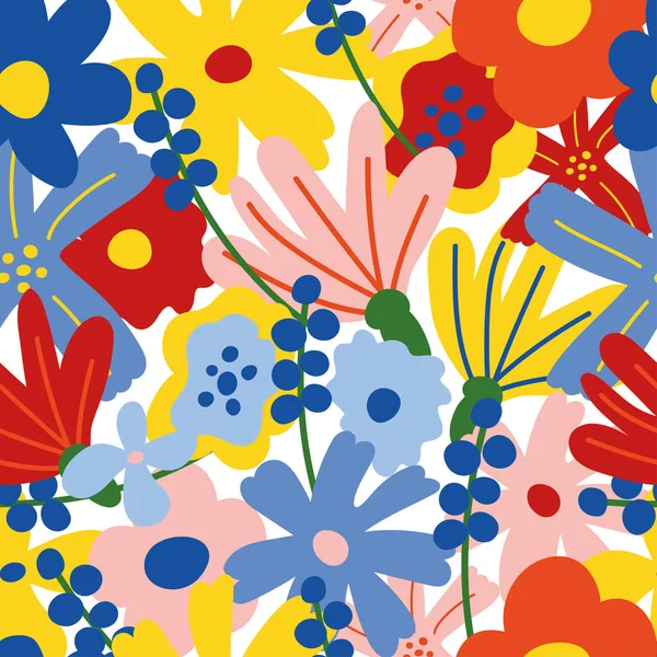 Patrón floral sin costuras de moda sobre fondo blanco. Vector de dibujos animados flores lindas en estilo infantil dibujado a mano. Fondo de pantalla, impresión, textil, tela, envoltura — Vector de stock