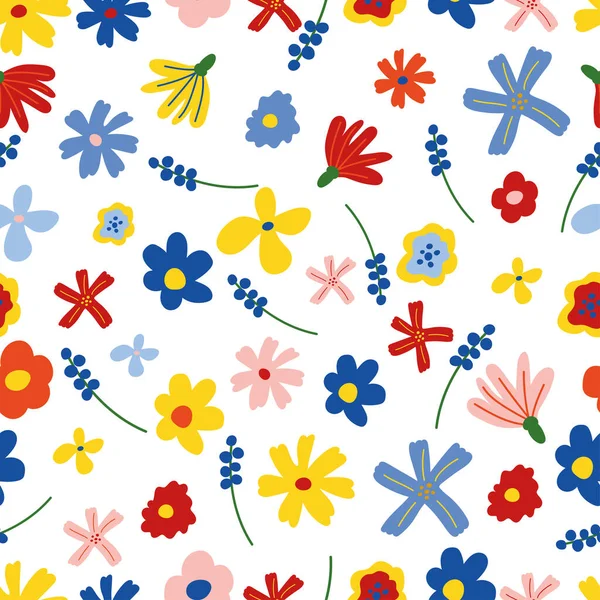 Beyaz arka planda son moda çiçeksiz desen. Vektör karikatür şirin çiçekler çocuksu el çizimi tarzında. Duvar kağıdı, baskı, tekstil, kumaş, ambalaj için arkaplan