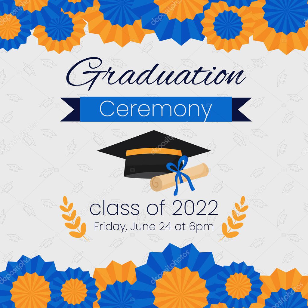 High school graduation ceremony and party invitation template. Greeting card concept for social media. Graduation cap with diploma and blue decoration. Vector illustration