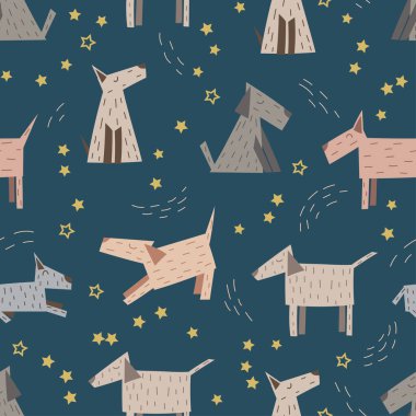 Seamless pattern of cute hand drawn dogs on blue background with stars. Backdrop for wallpaper, print, textile, fabric, wrapping