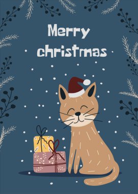 Noel kartı konseptini selamlıyorum. Hediye kutuları ve mavi arka planda kar olan komik elli kedi karakteri. Vektör illüstrasyonu