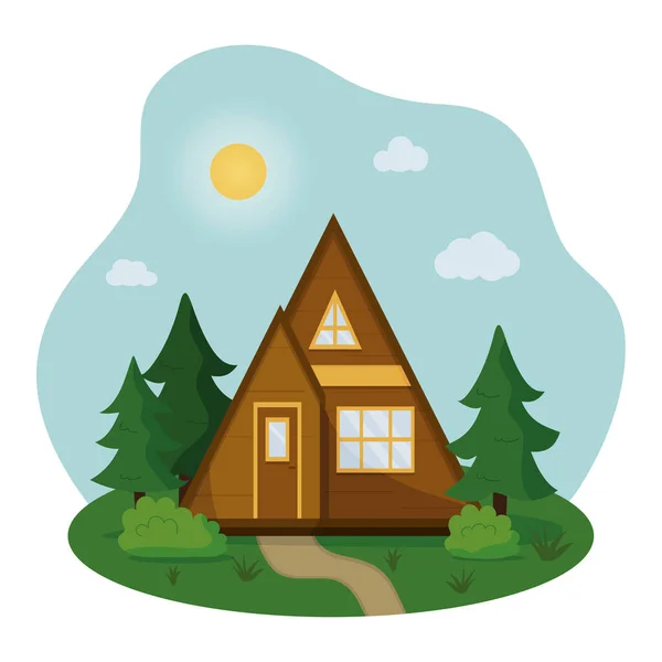 Landscape of triangle tiny house for comfort camping in forest. Eco friendly rest concept. Vector flat illustration — Vetor de Stock