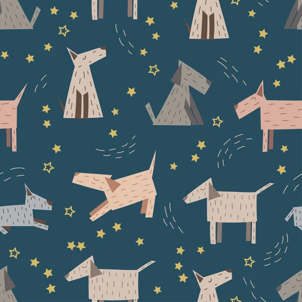 Бесшовный рисунок милых ручных собак на синем фоне со звездами. Фон для обоев, печати, текстиля, ткани, упаковки — стоковый вектор