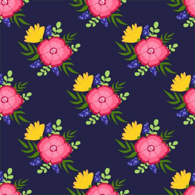 Mavi arka planda çiçek desenleri hoş. Duvar kağıdı, baskı, tekstil, kumaş, ambalaj. Vektör illüstrasyonu