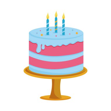 Beyaz arka planda izole edilmiş çizgi film pastası. Tebrik kartı, afiş ve logo için mutlu yıllar. Vektör illüstrasyonu