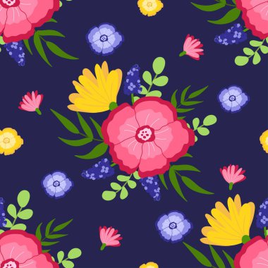 Mavi arka planda çiçek desenleri hoş. Duvar kağıdı, baskı, tekstil, kumaş, ambalaj. Vektör illüstrasyonu