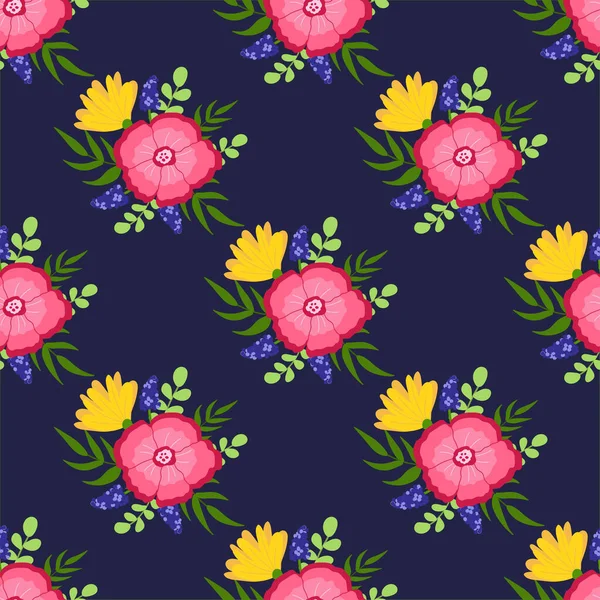 Mavi arka planda çiçek desenleri hoş. Duvar kağıdı, baskı, tekstil, kumaş, ambalaj. Vektör illüstrasyonu