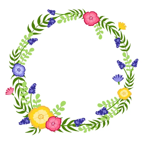 Frühling Blumenkranz Hand gezeichnet Vektor Illustration isoliert auf weiß. Kreis-Rahmen der Saison-Grußkarte. — Stockvektor
