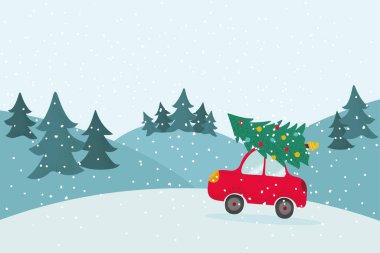 Noel kartı kutluyoruz. Kırmızı araba orman mavisi arka planda bir Noel ağacına ev verir. Kış tatilleri için renkli vektör illüstrasyonu. 