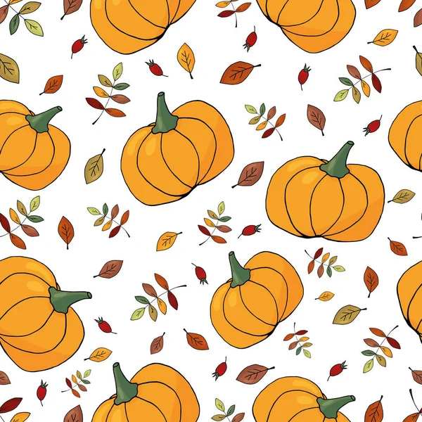 Jesienny bezszwowy wzór z kolorowymi liśćmi i dyniami na białym tle - sezonowy pakiet na Halloween lub Święto Dziękczynienia. — Wektor stockowy
